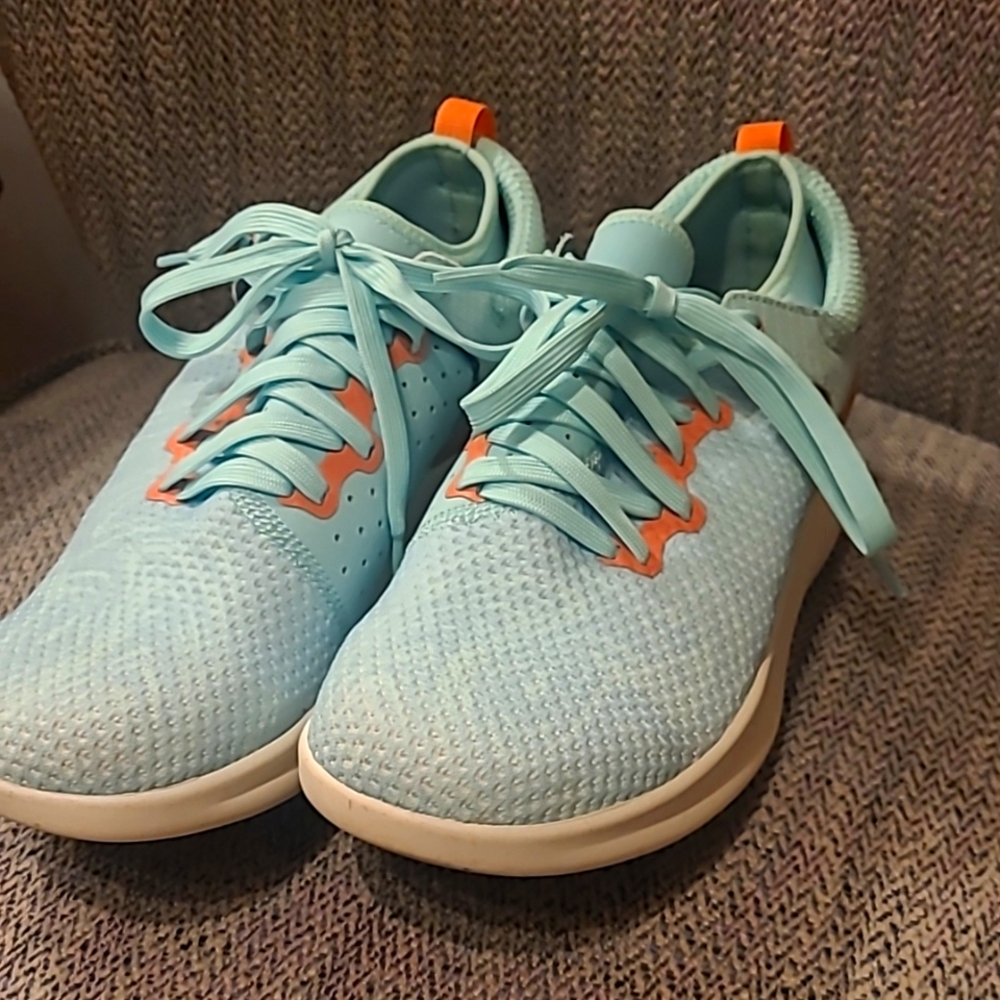 Moshn aqua and coral sneakers.